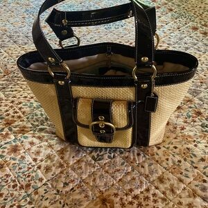Genuine Coach straw and patent leather bag